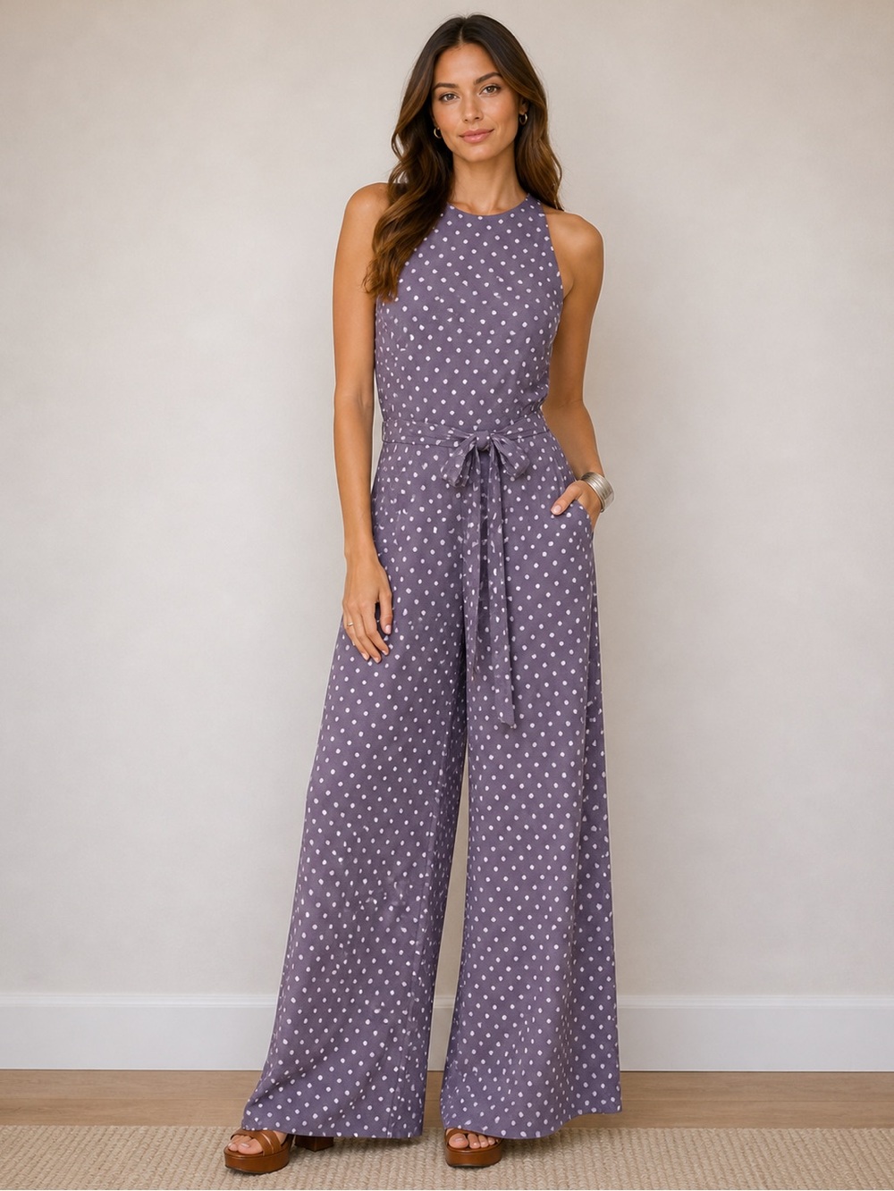 Lauren Ralph Lauren Dark Purple Lavender Polka Dot Wide Leg Jumpsuit Size 10 - Picture 9 of 9